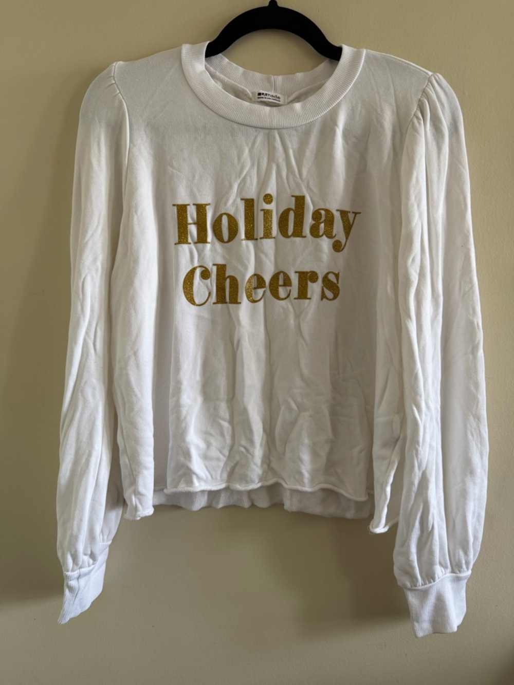 New! LAmade Holiday Cheers White Sweatshirt with Gold Glitter Text
